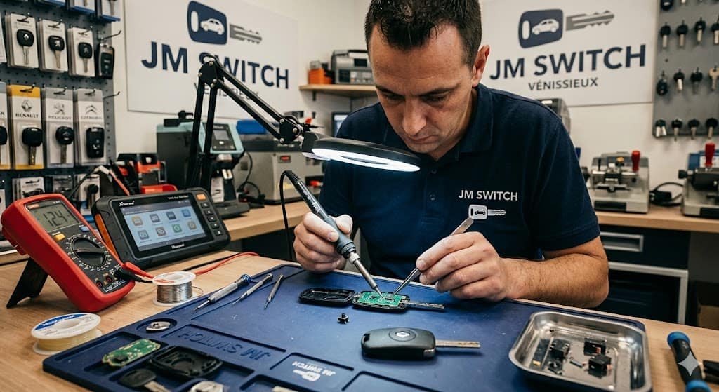Technicien JM Switch réparant un circuit électronique de voiture. La photo montre un atelier équipé d'outils de précision, d'ordinateurs, et de matériel pour la réparation de clés, télécommandes, et calculateurs moteur.